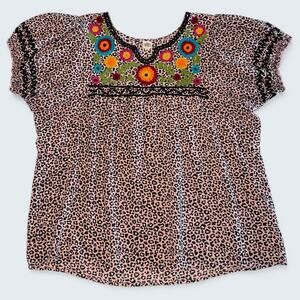 Ivy Jane Leopard Print Embroidered Top Floral Boho Puff Sleeve Blouse Size L